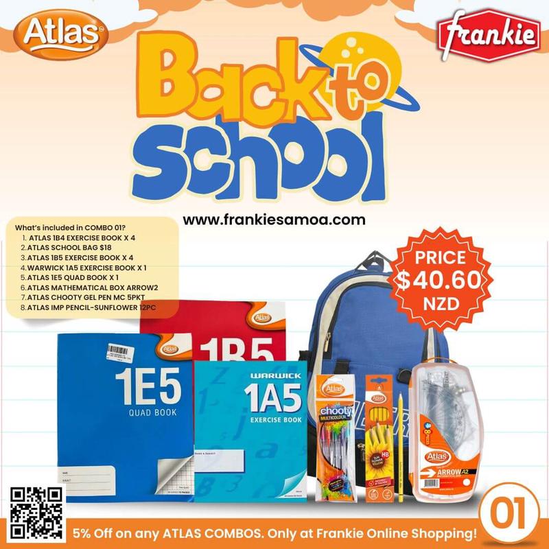 BACK2SCHOOL COMBO 01 - 1B4 EXERCISE BOOK X 4PCS | SCHOOL BAG $18 | 1B5 EXERCISE BOOK X 4PCS | 1A5 EXERCISE BOOK X 1PCS | 1E5 QUAD BOOK X 1PCS | ATLAS MATHEMATICAL BOX ARROW1 | ATLAS CHOOTY GEL PEN MC