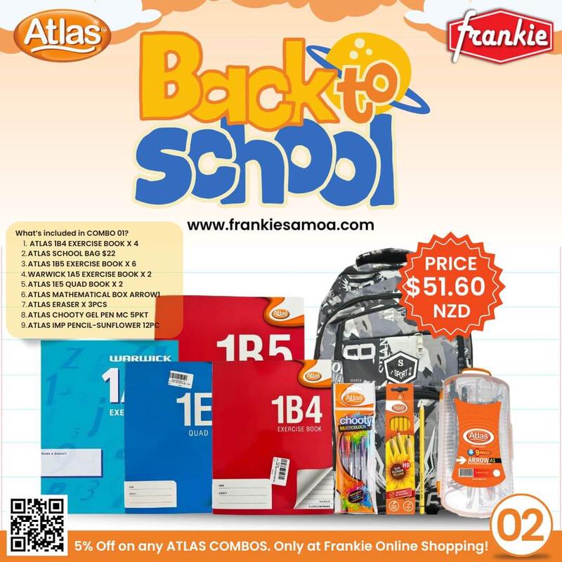 BACK2SCHOOL COMBO 02 - 1B4 EXERCISE BOOK X 4PCS | SCHOOL BAG $18 | 1B5 EXERCISE BOOK X 4PCS | 1A5 EXERCISE BOOK X 1PCS | 1E5 QUAD BOOK X 1PCS | ATLAS MATHEMATICAL BOX ARROW1 | ATLAS CHOOTY GEL PEN MC