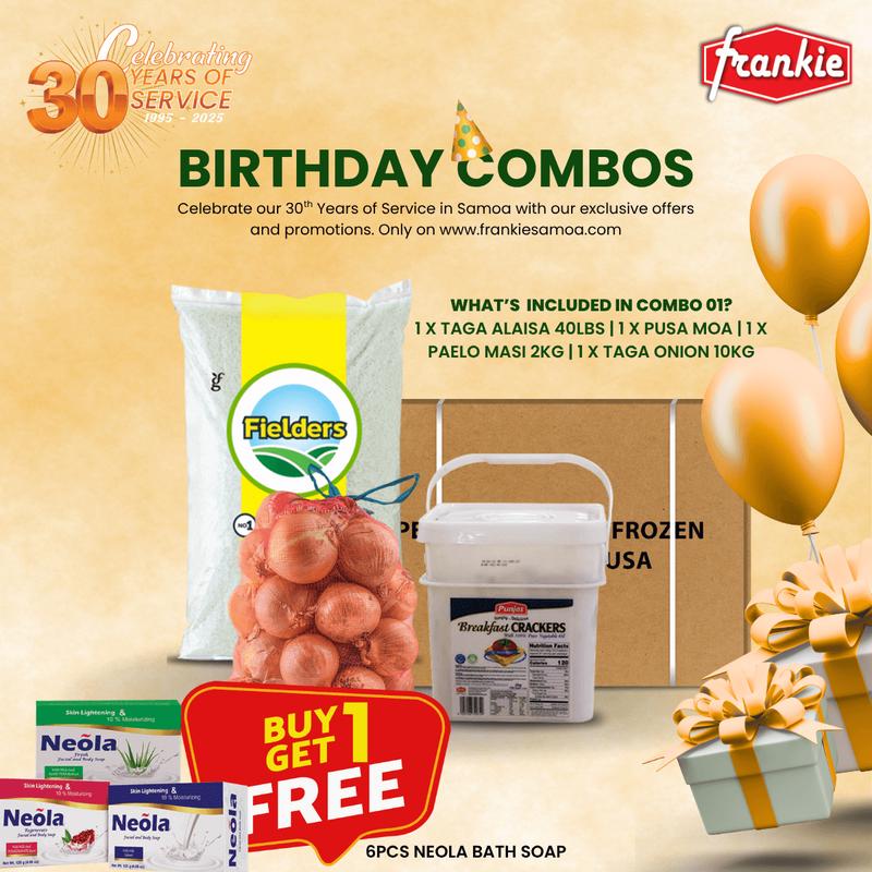 30th Birthday Combo 01 - 1 Rice 40lbs + 1 Chicken Leg Quarter 15kg + Onion 10kg + 1 Punjas Breakfast Cracker 2kg + Free 6pcs Neola Bath Soap 150g