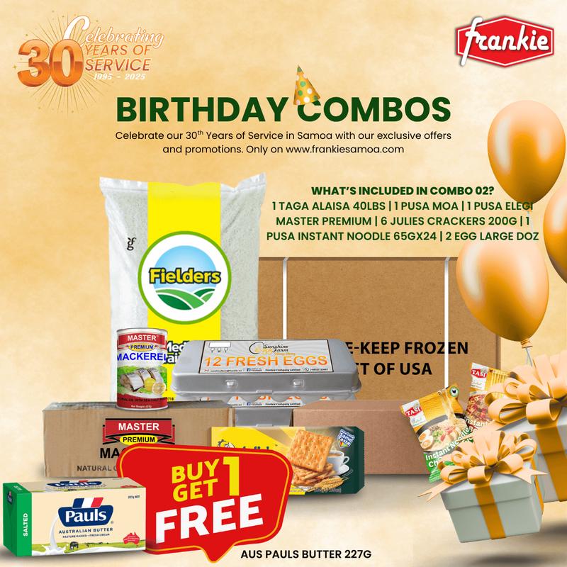 30th Birthday Combo 02 - 1 Rice 40lbs + 1 Chicken Leg Quarter 15kg + 1 LLL Instant Noodle 65g(24) + 1 Master Prem Mackerel 425g(8) + 6 Julies P/Crackers 200g + 2 Large Egg Dozens + Free Pauls Aus But