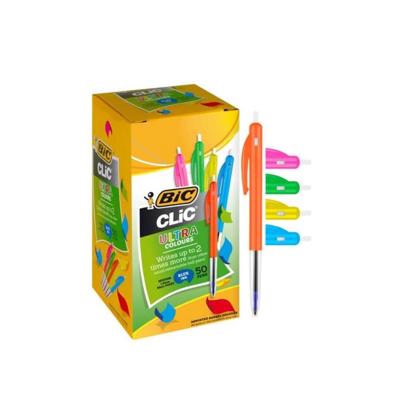Blue - Bic Clic Pens Fluoro Barrel - 50 Pack