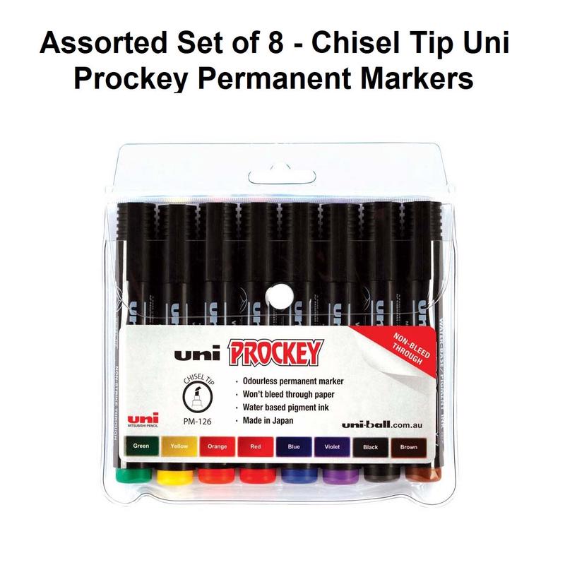 Assorted Set of 8 - Chisel Tip Uni Prockey Permanent Markers