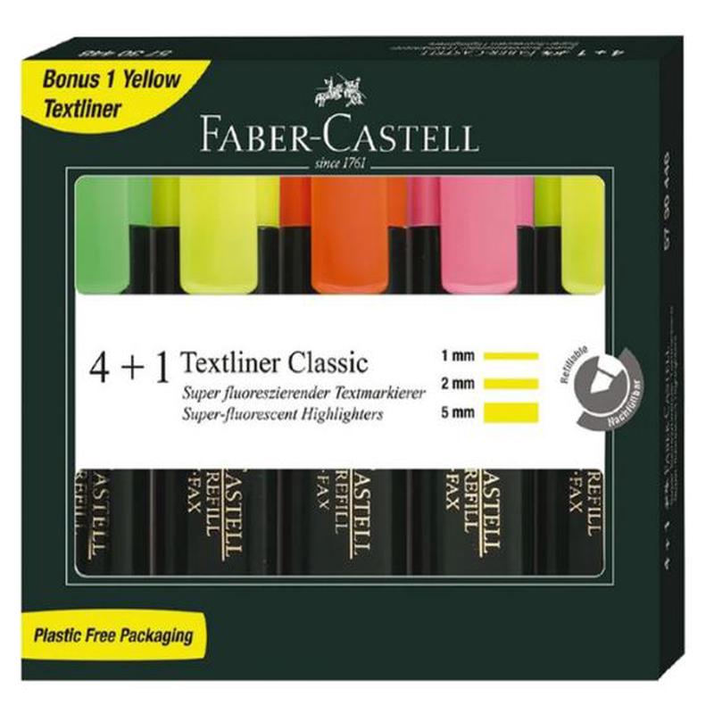 Set of 4 + 1 - Faber Castell Textliner Highlighters