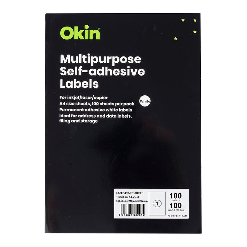 Okin Brand General Copier Labels - 1 Per Sheet 100 sheets