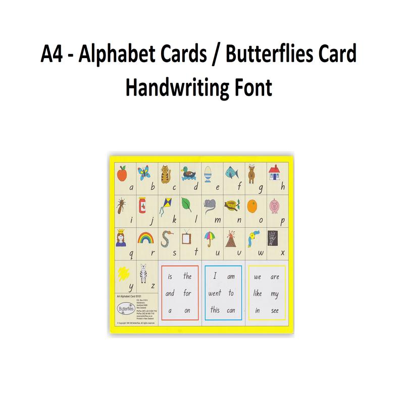 A4 - Alphabet Cards - Handwriting Font - Butterflies Card