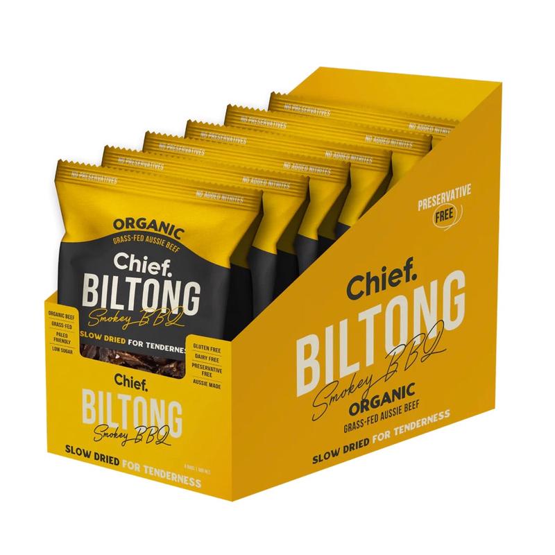 CHIEF BARCollagen Grass Fed Biltong Smokey BBQ 12x30g