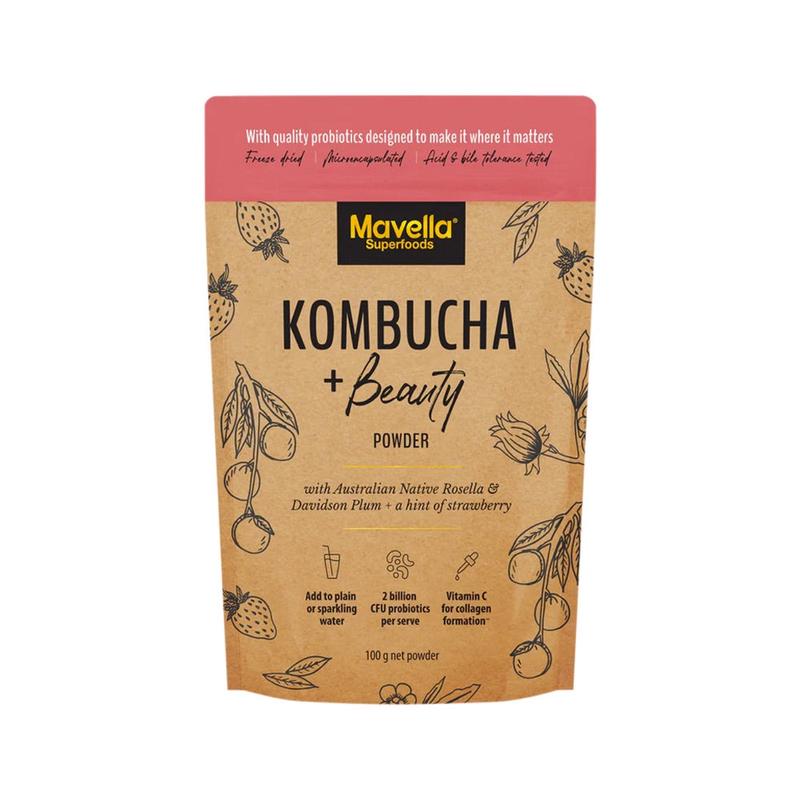 MAVELLA Superfoods Kombucha + Beauty Powder with Australian Native Rosella & Davidson Plum & Strawberry 100g