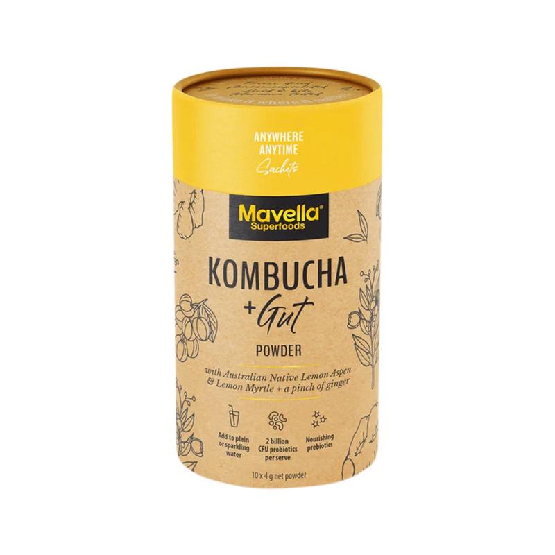 MAVELLA Superfoods Kombucha + Gut Powder with Australian Native Lemon Aspen & Lemon Myrtle & Ginger 4gx10 Pack