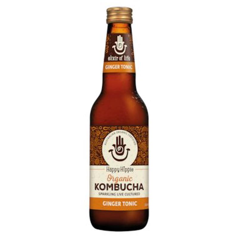 HAPPY HIPPIE Organic Kombucha Drink Ginger Tonic 330ml x 12 pack