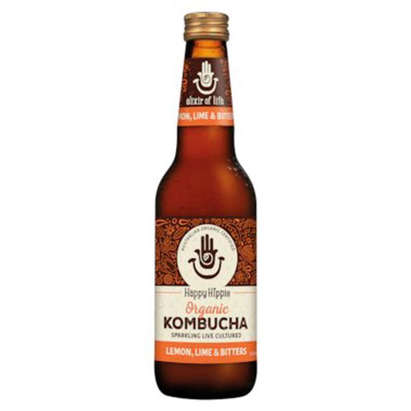 HAPPY HIPPIE Organic Kombucha Drink Lemon Lime & Bitters 330ml x 12 pack