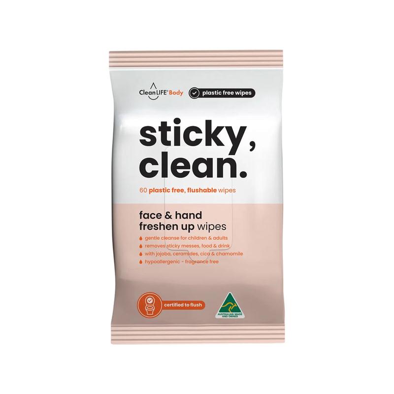 CLEANLIFE Sticky Clean Flushable Plastic Free Wipes 60pk