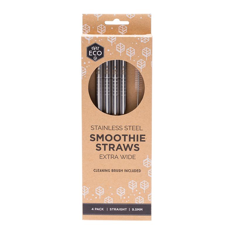 Ever Eco 4 Pack Straight Extra Wide Stainless Steel Smoothie Straws + Cleaning Brush