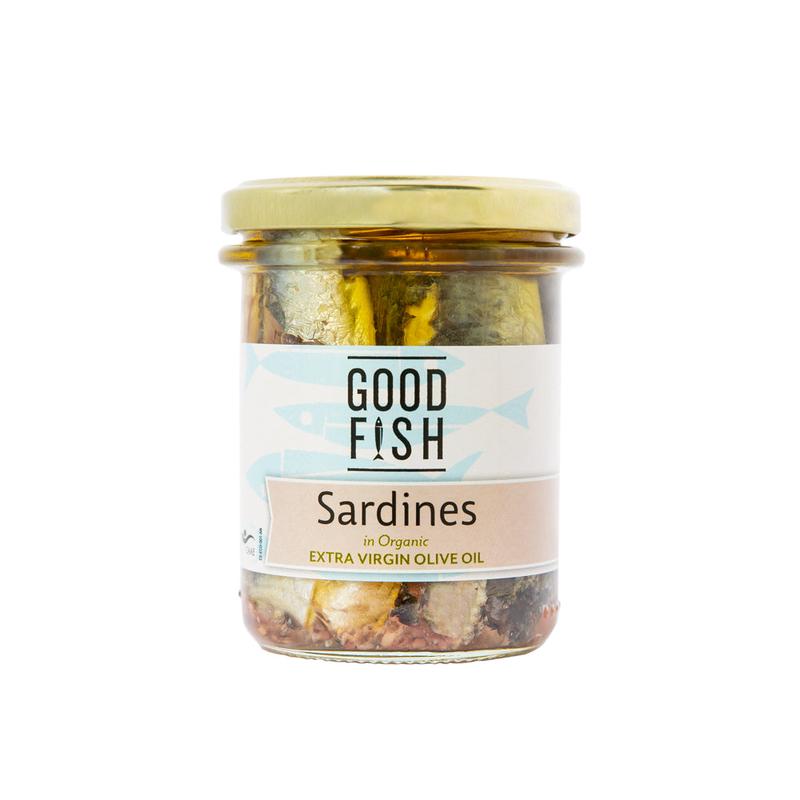 GOOD FISH Sardines in Extra Virgin Org Olive Oil JAR 195g