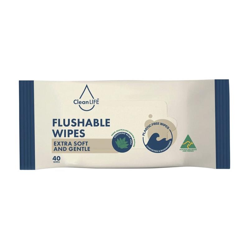 Cleanlife Flushable Plastic Free Wipes Extra Soft and Gentle 40pk