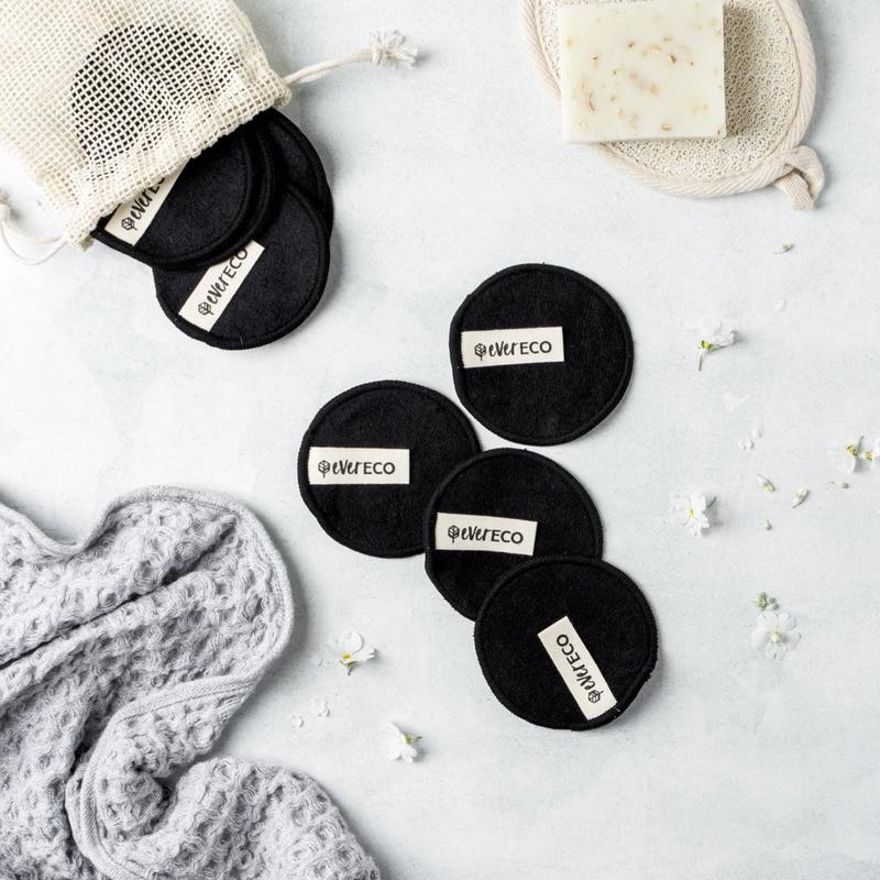 EVER ECO 10 Pack Reusable Bamboo Facial Pads Black with Cotton Wash Bag