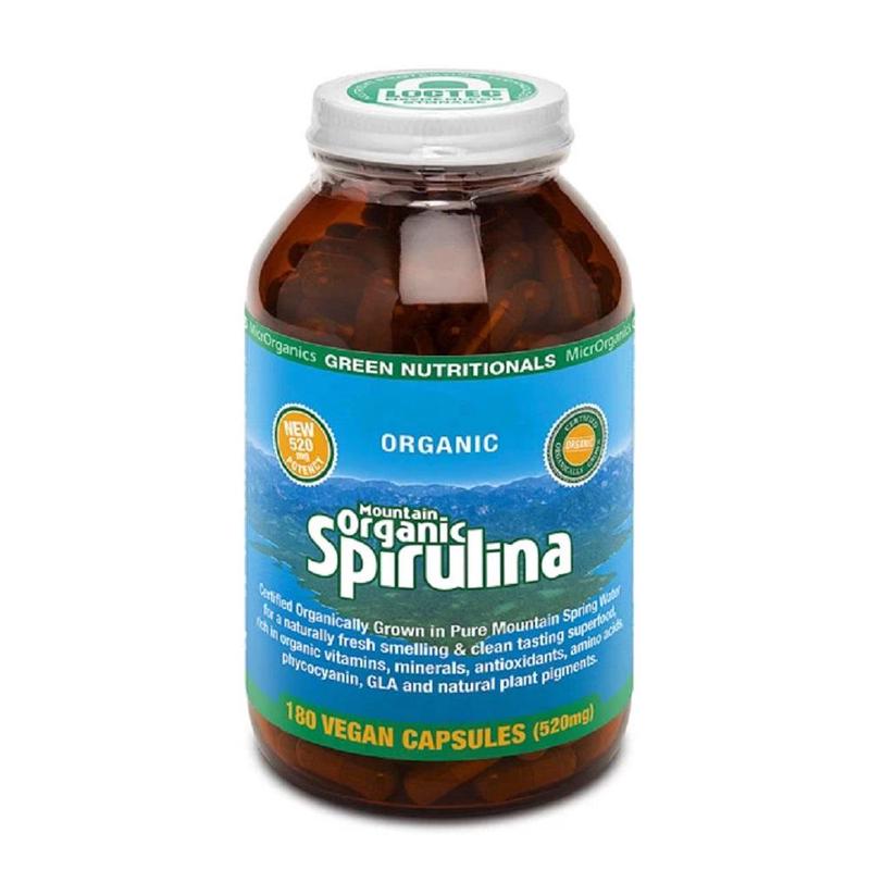 GREEN NUTRITIONALS Mountain Organic Spirulina Veg Capsules 520mg 180 Veg Capsules