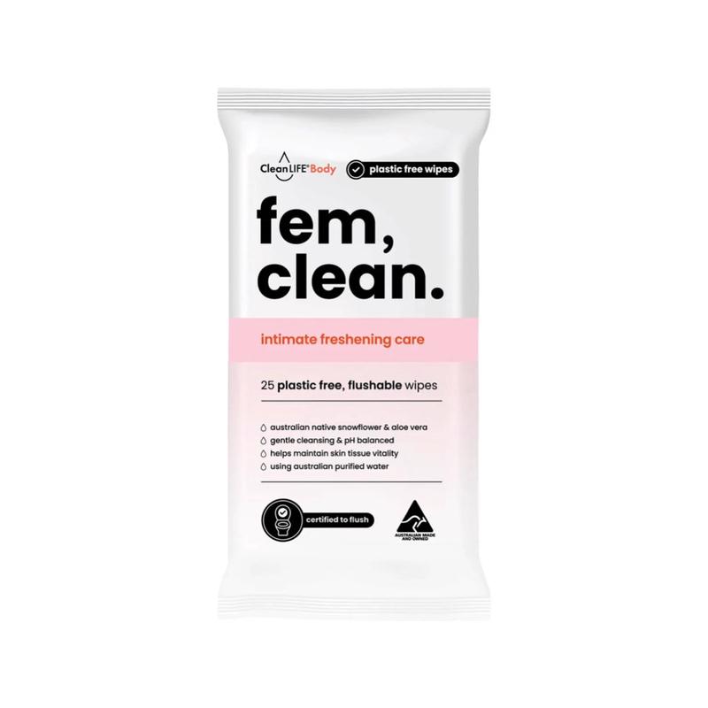 CLEANLIFE Fem Clean Intimate Flushable Plastic Free Wipes 25pk